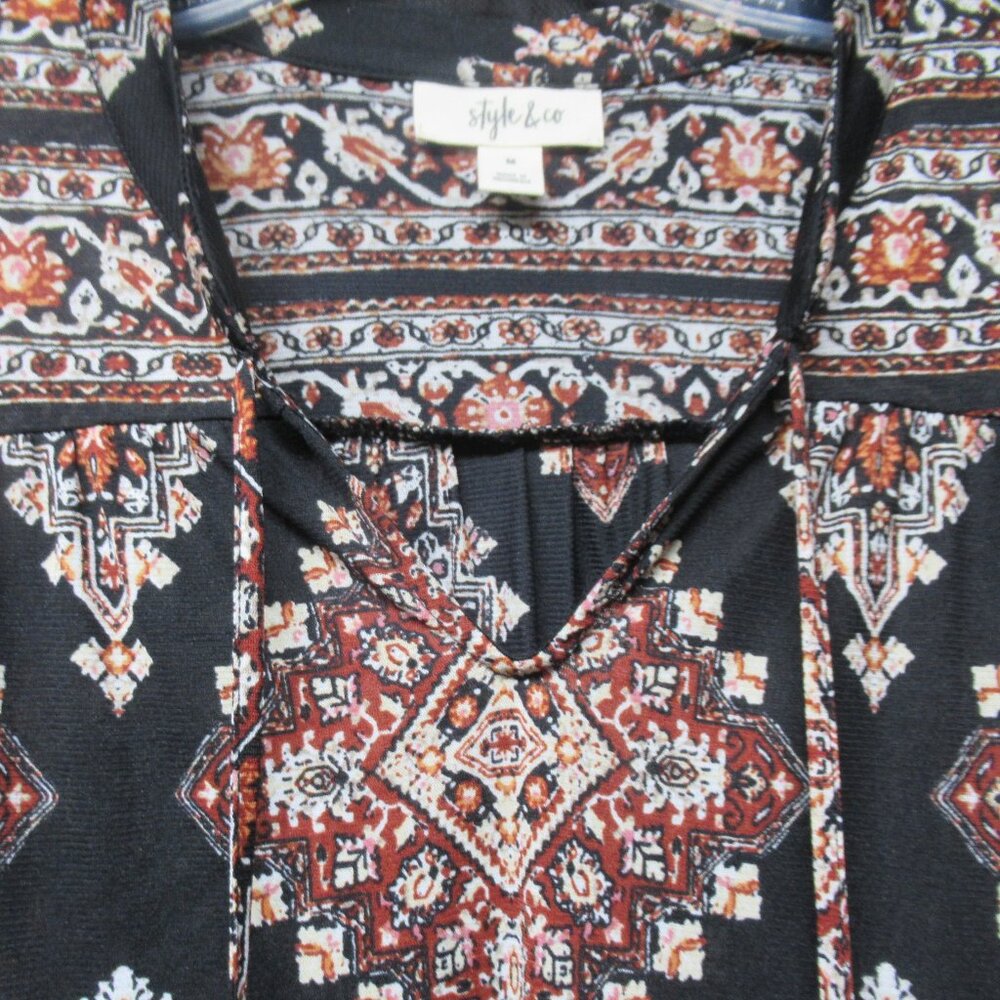 Black Geometric Pattern Boho Tunic With Lace Trim - image 4